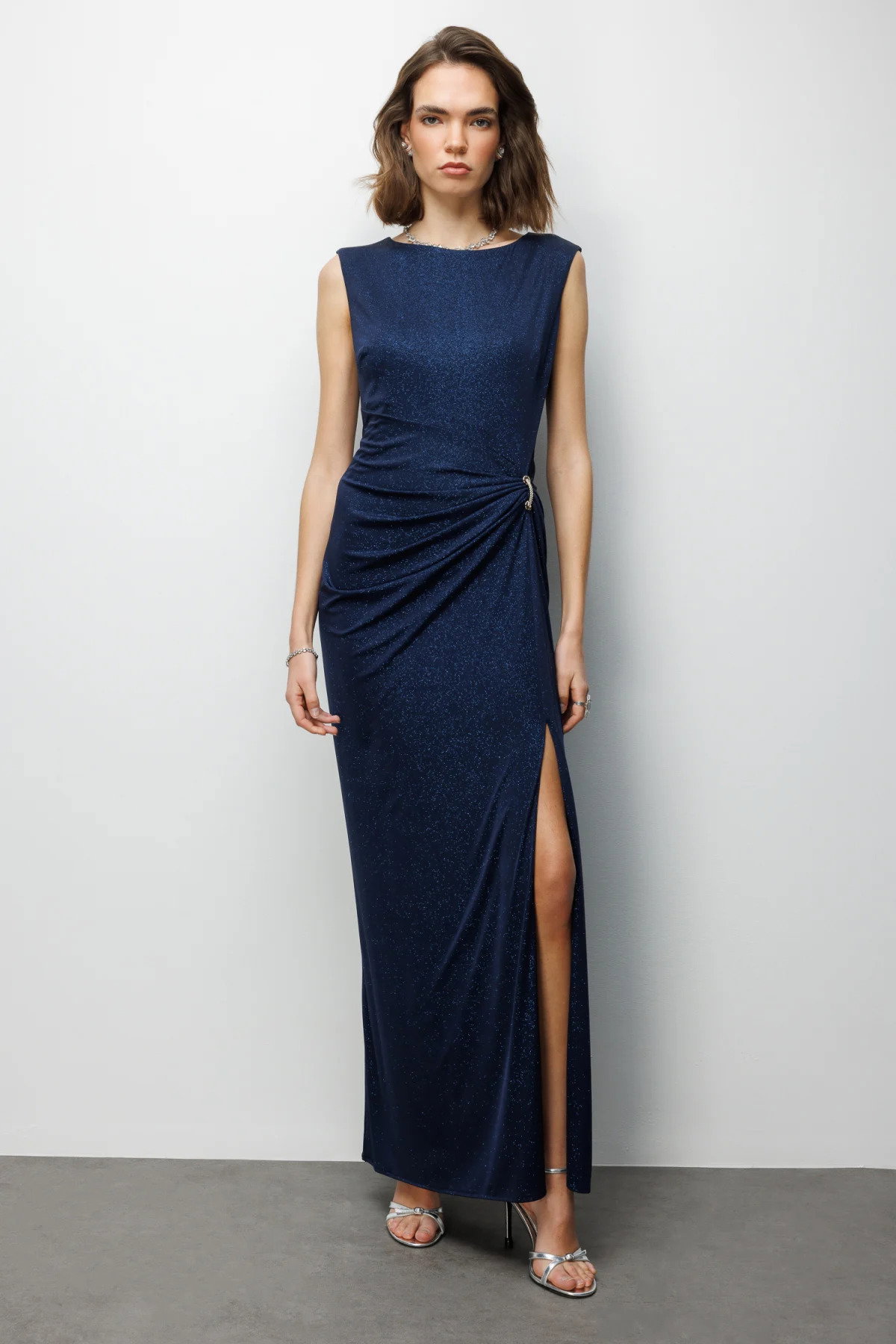 Ekol Kadın Beli Tokalı Yırtmaç Detaylı Simli Abiye Elbise 6092 Lacivert - 1