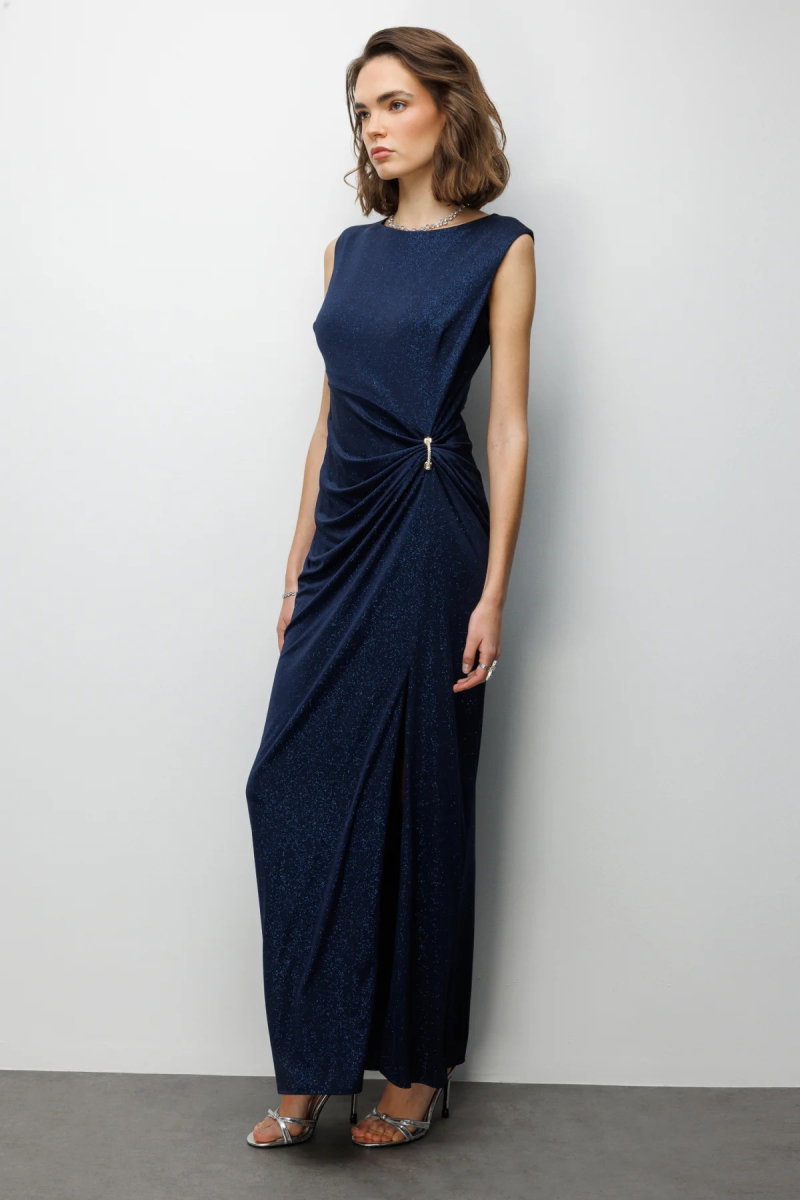 Ekol Kadın Beli Tokalı Yırtmaç Detaylı Simli Abiye Elbise 6092 Lacivert - 2