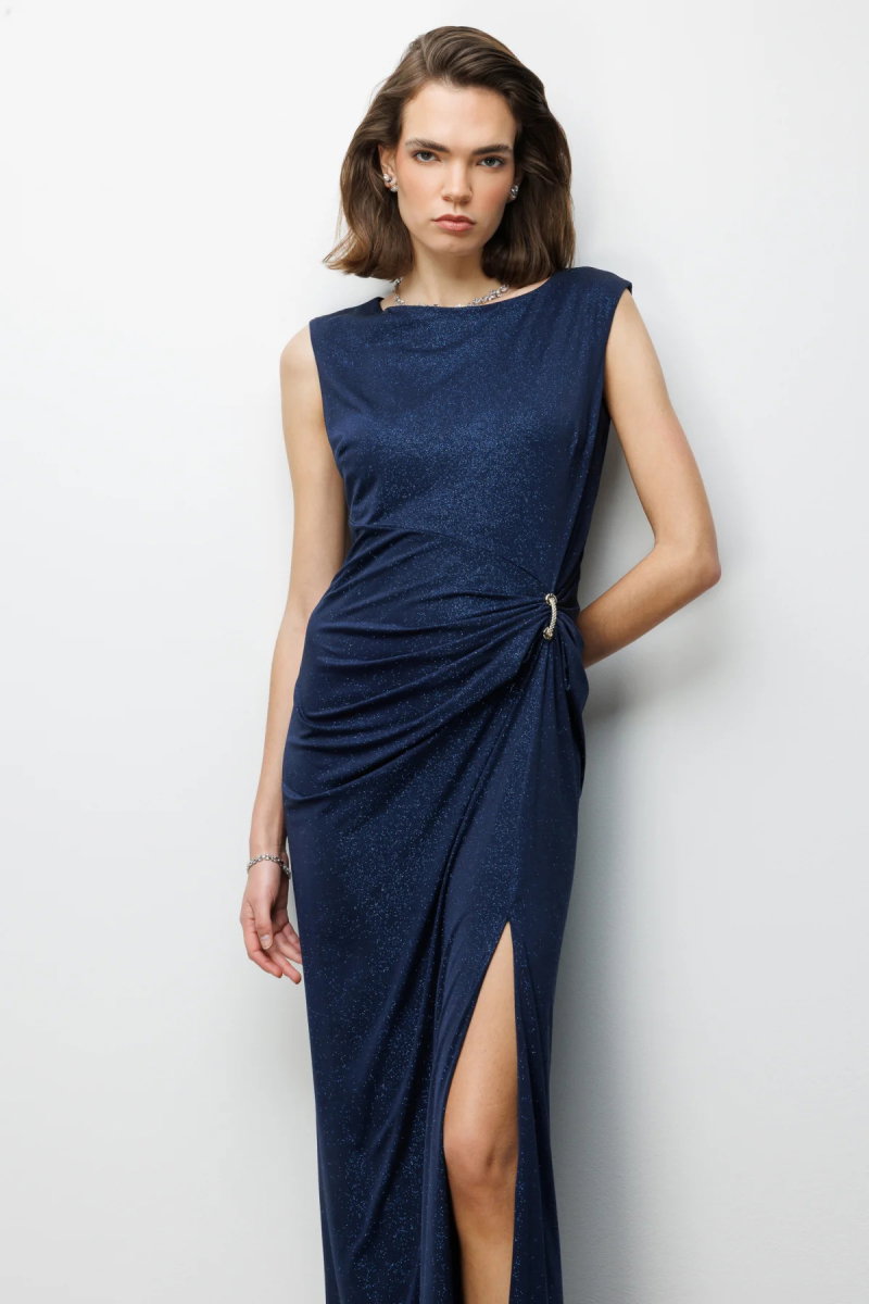 Ekol Kadın Beli Tokalı Yırtmaç Detaylı Simli Abiye Elbise 6092 Lacivert - 3