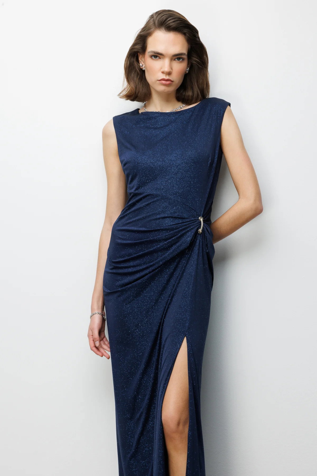 Ekol Kadın Beli Tokalı Yırtmaç Detaylı Simli Abiye Elbise 6092 Lacivert - 3