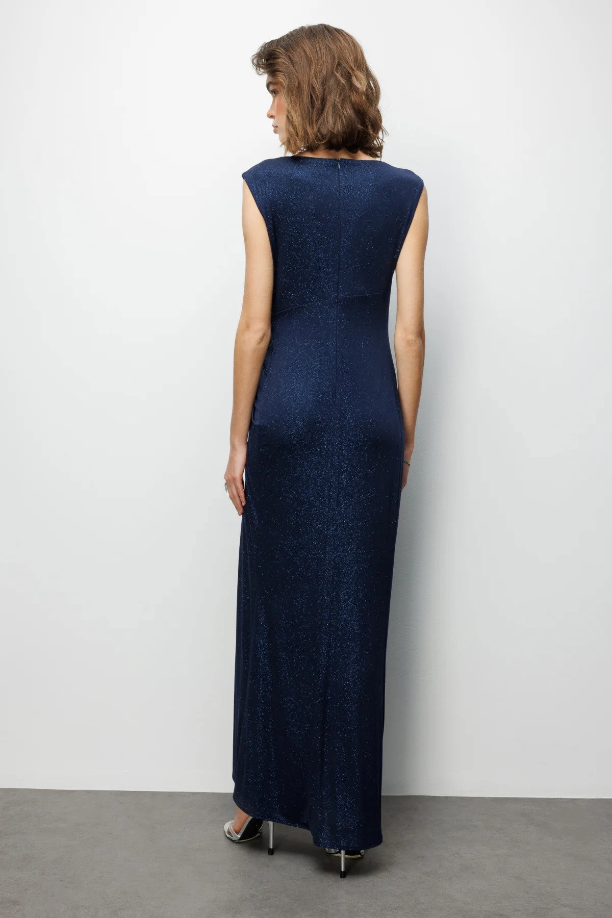 Ekol Kadın Beli Tokalı Yırtmaç Detaylı Simli Abiye Elbise 6092 Lacivert - 4