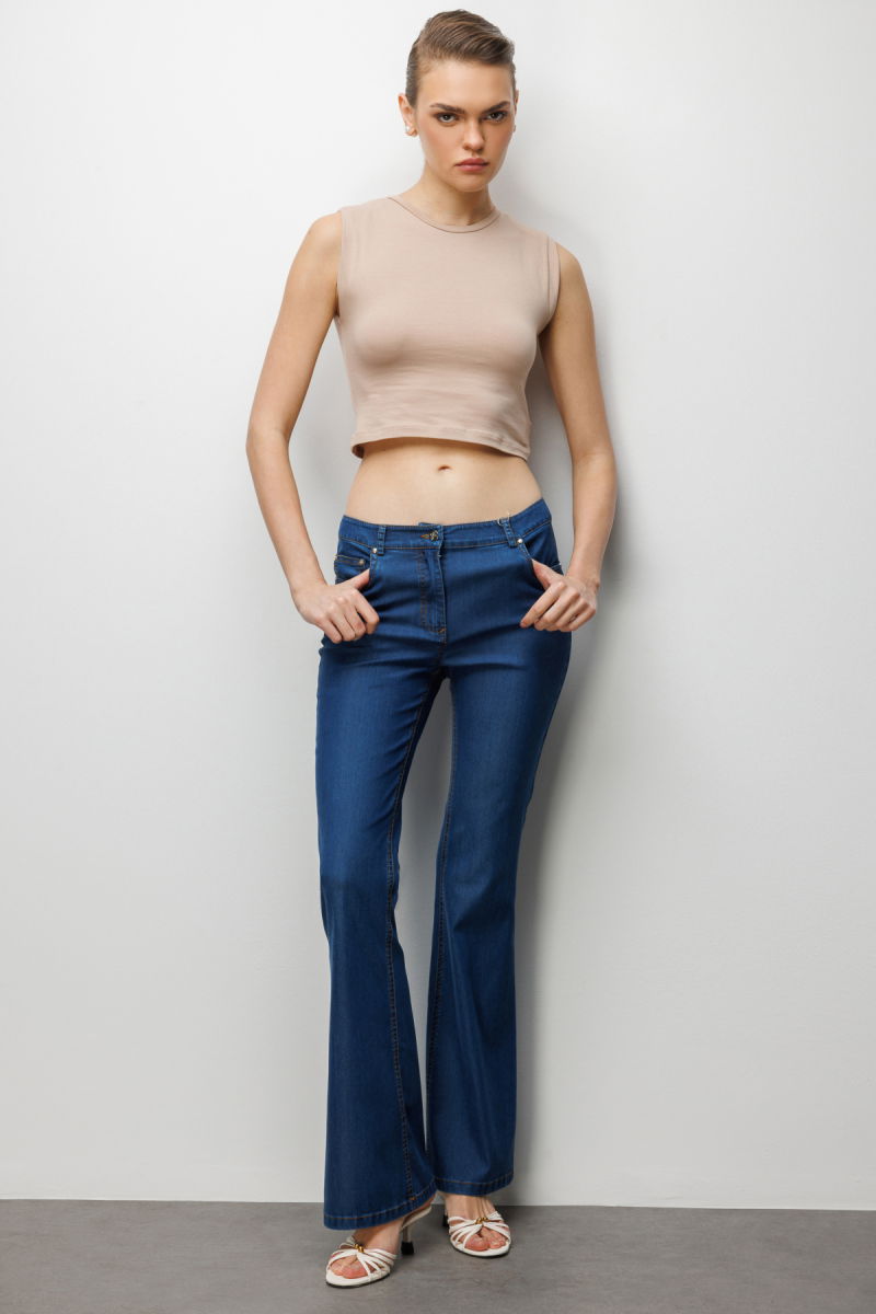 Ekol Kadın Beş Cep İspanyol Paça Pantolon 4084 Indigo - Ekol