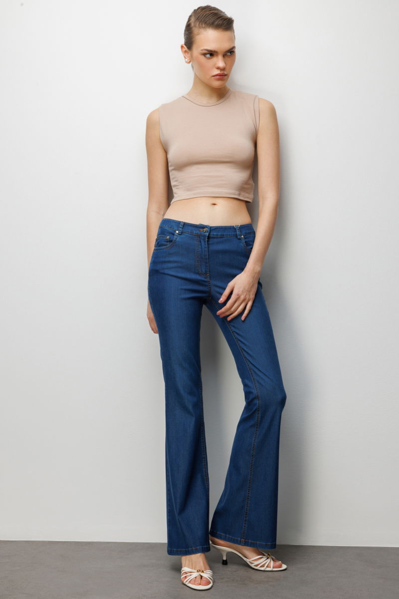 Ekol Kadın Beş Cep İspanyol Paça Pantolon 4084 Indigo - 2