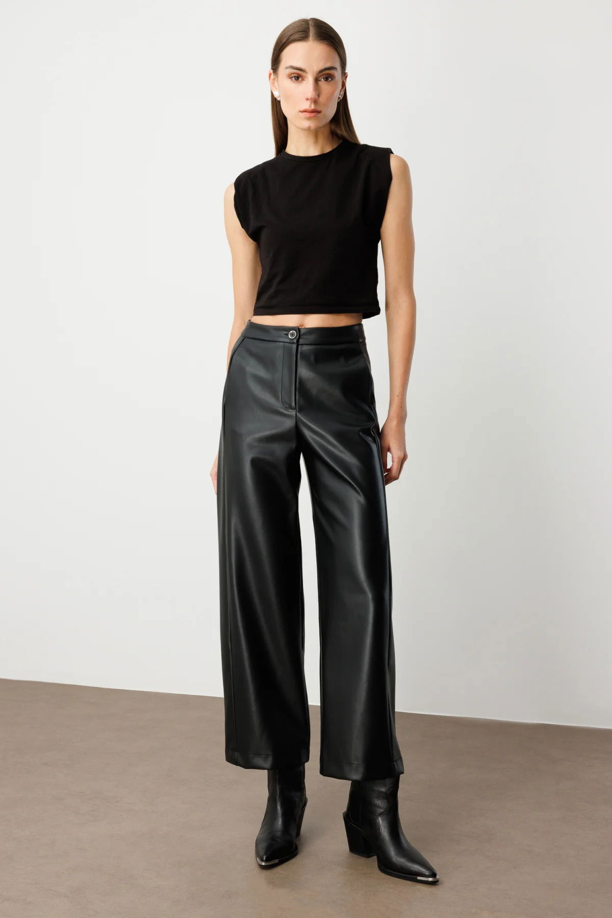 Ekol Kadın Bol Paça Deri Pantolon 1097 Siyah - 1