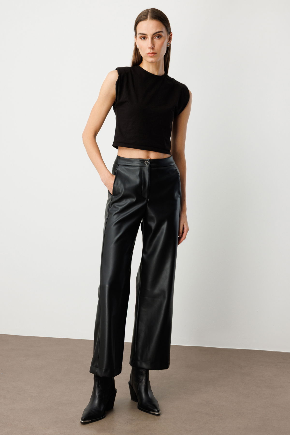 Ekol Kadın Bol Paça Deri Pantolon 1097 Siyah - 2
