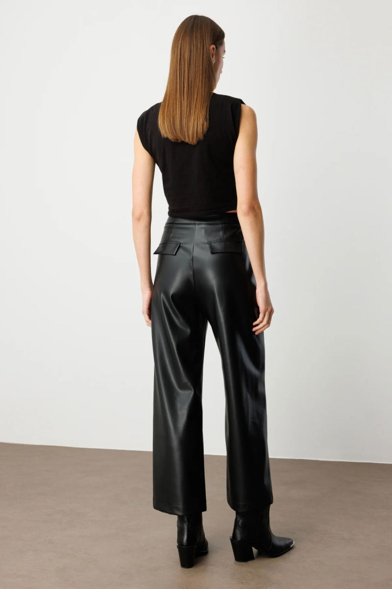 Ekol Kadın Bol Paça Deri Pantolon 1097 Siyah - 4