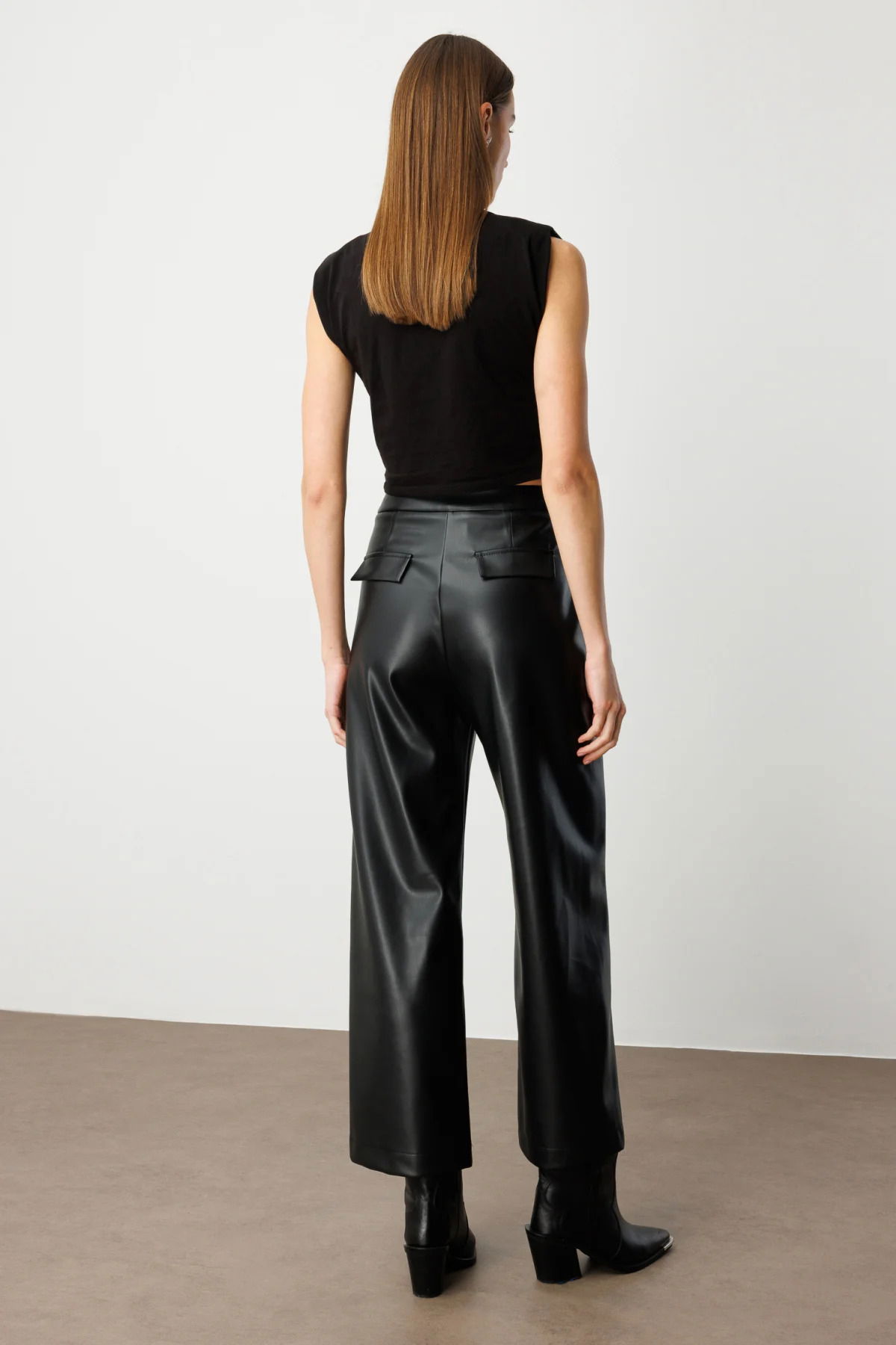 Ekol Kadın Bol Paça Deri Pantolon 1097 Siyah - 4