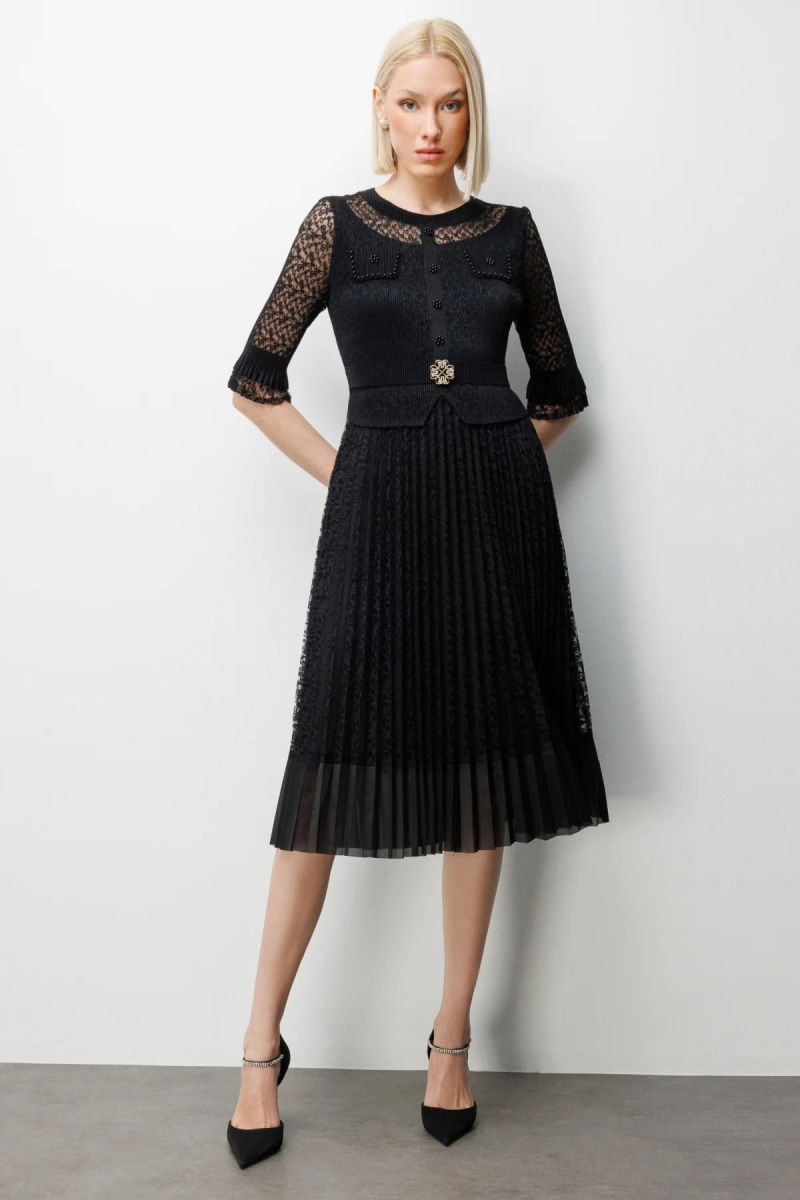 Ekol Kadın Boncuk Detaylı Dantelli Elbise 6918 Siyah - Ekol