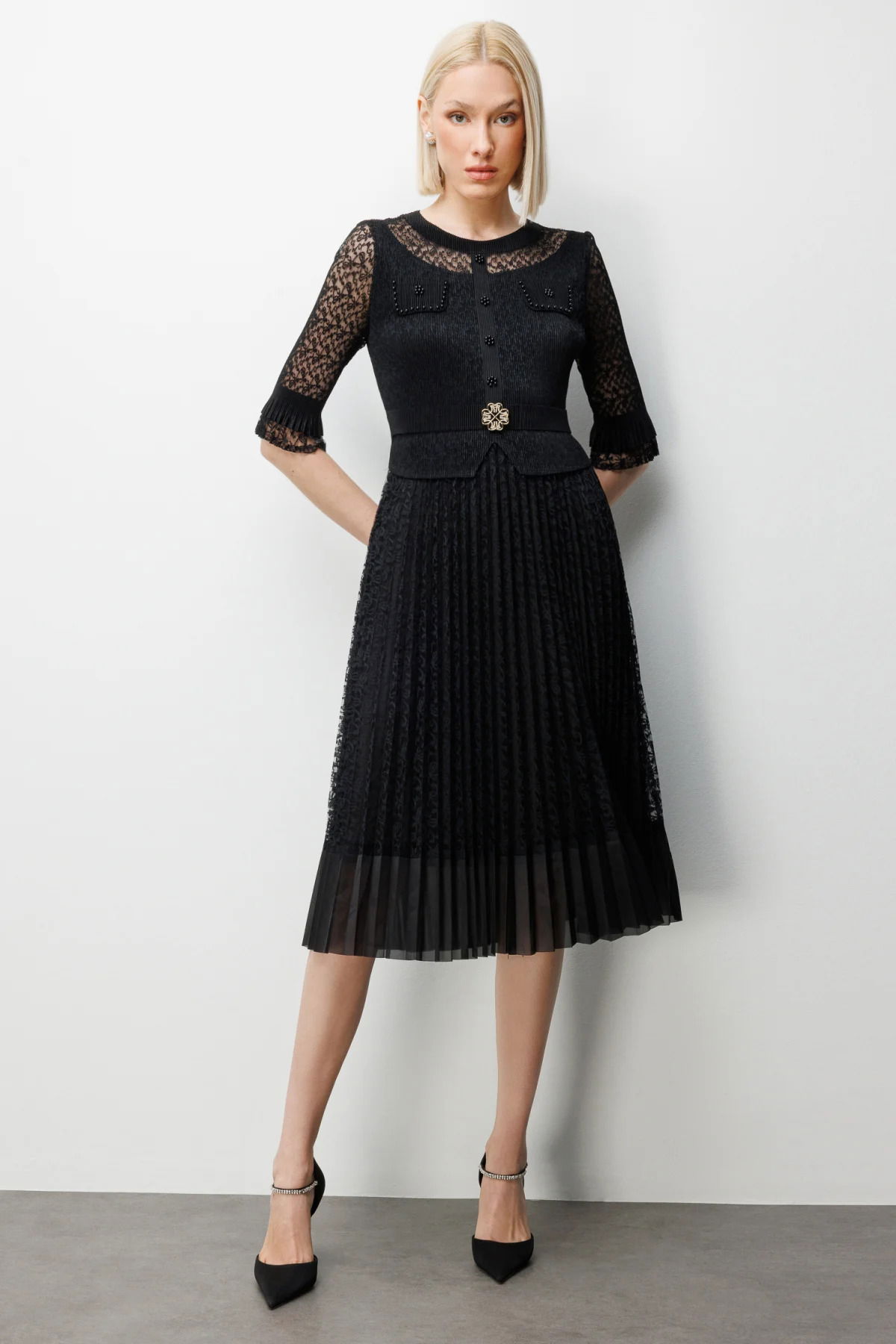 Ekol Kadın Boncuk Detaylı Dantelli Elbise 6918 Siyah - 1