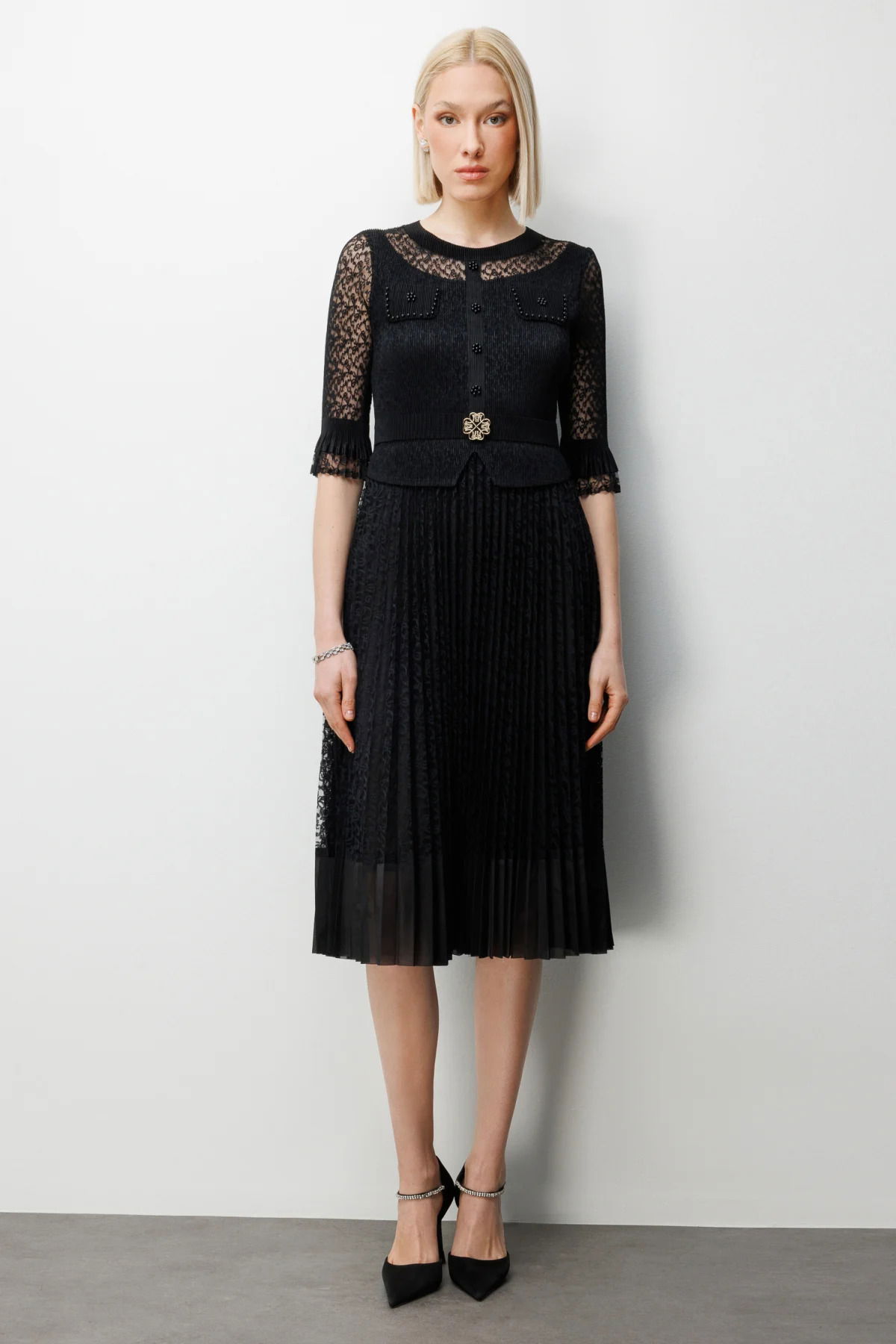 Ekol Kadın Boncuk Detaylı Dantelli Elbise 6918 Siyah - 3