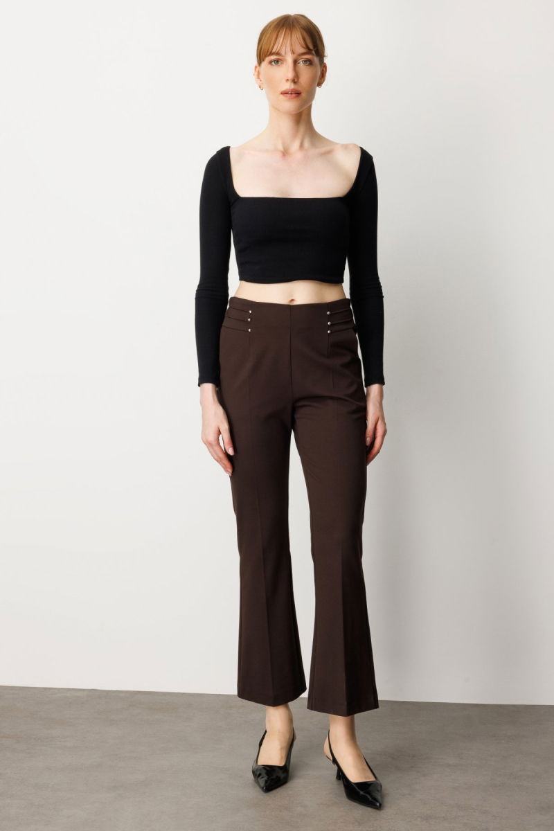 Ekol Kadın Boncuk Detaylı İspanyol Paça Pantolon 1083 Kahverengi - Ekol