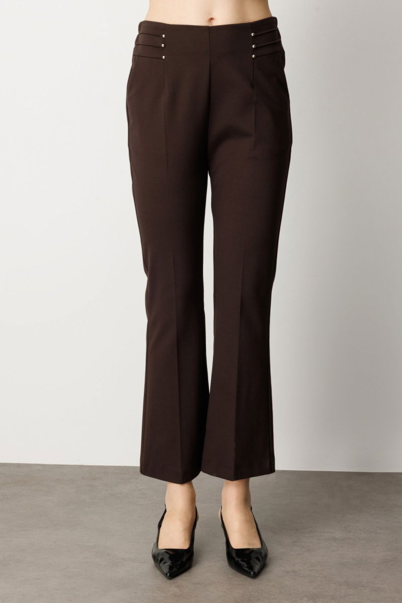 Ekol Kadın Boncuk Detaylı İspanyol Paça Pantolon 1083 Kahverengi - 3