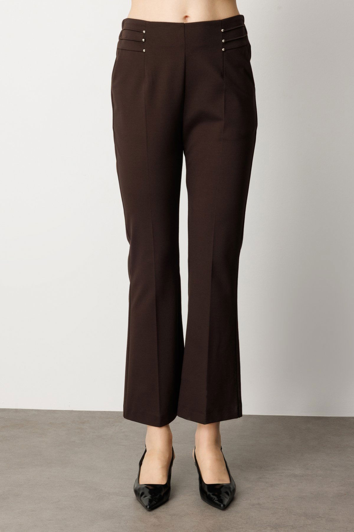 Ekol Kadın Boncuk Detaylı İspanyol Paça Pantolon 1083 Kahverengi - 3