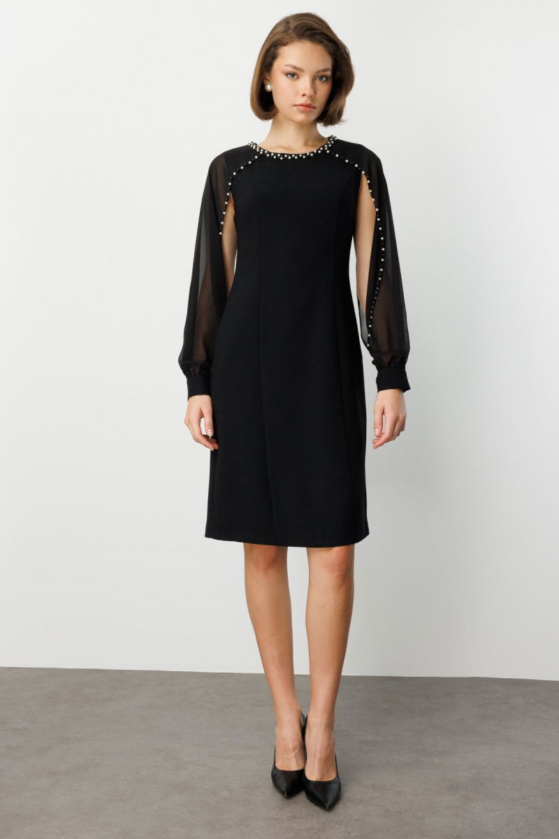 Ekol Kadın Boncuk Detaylı Kolları Tül Midi Elbise 4011 Siyah - Ekol