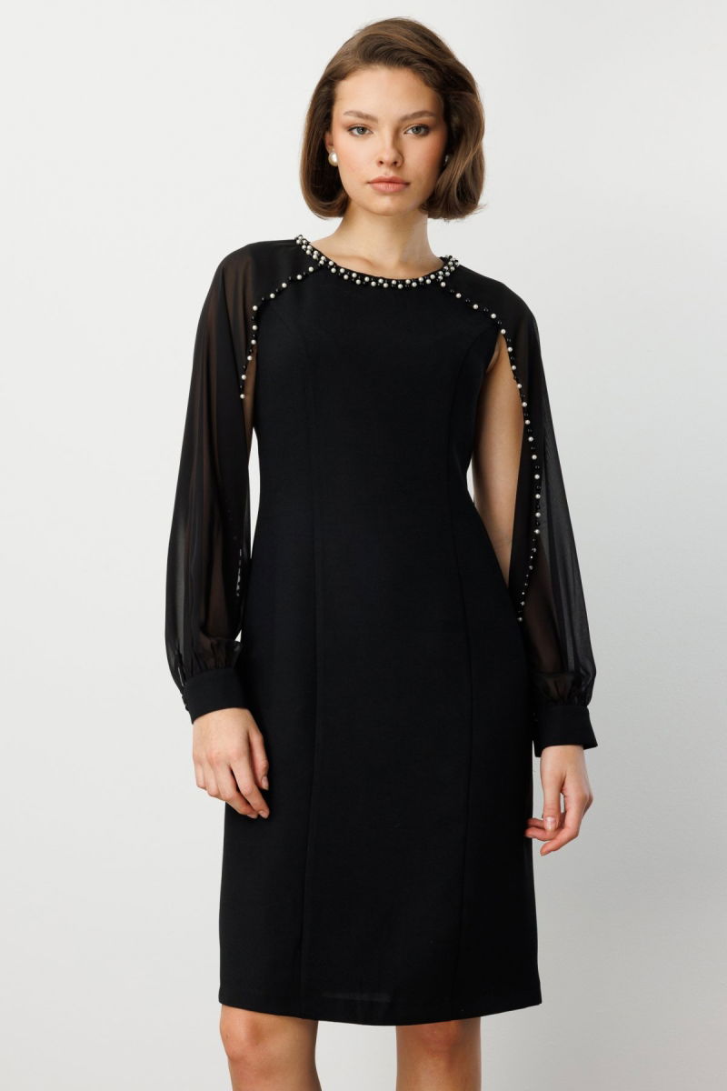 Ekol Kadın Boncuk Detaylı Kolları Tül Midi Elbise 4011 Siyah - 2