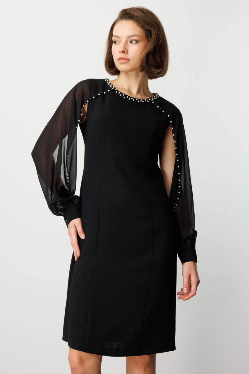 Ekol Kadın Boncuk Detaylı Kolları Tül Midi Elbise 4011 Siyah - 3