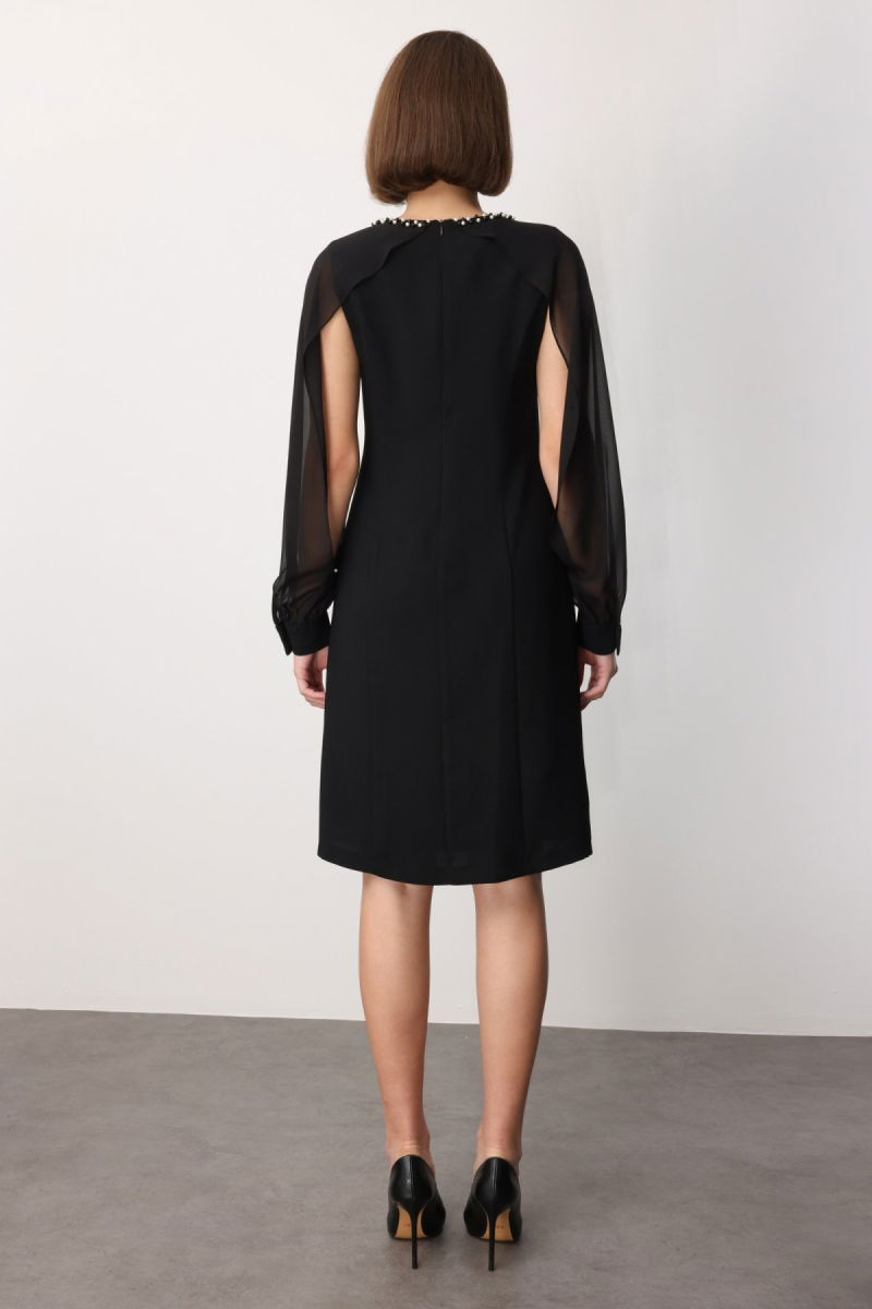 Ekol Kadın Boncuk Detaylı Kolları Tül Midi Elbise 4011 Siyah - 4