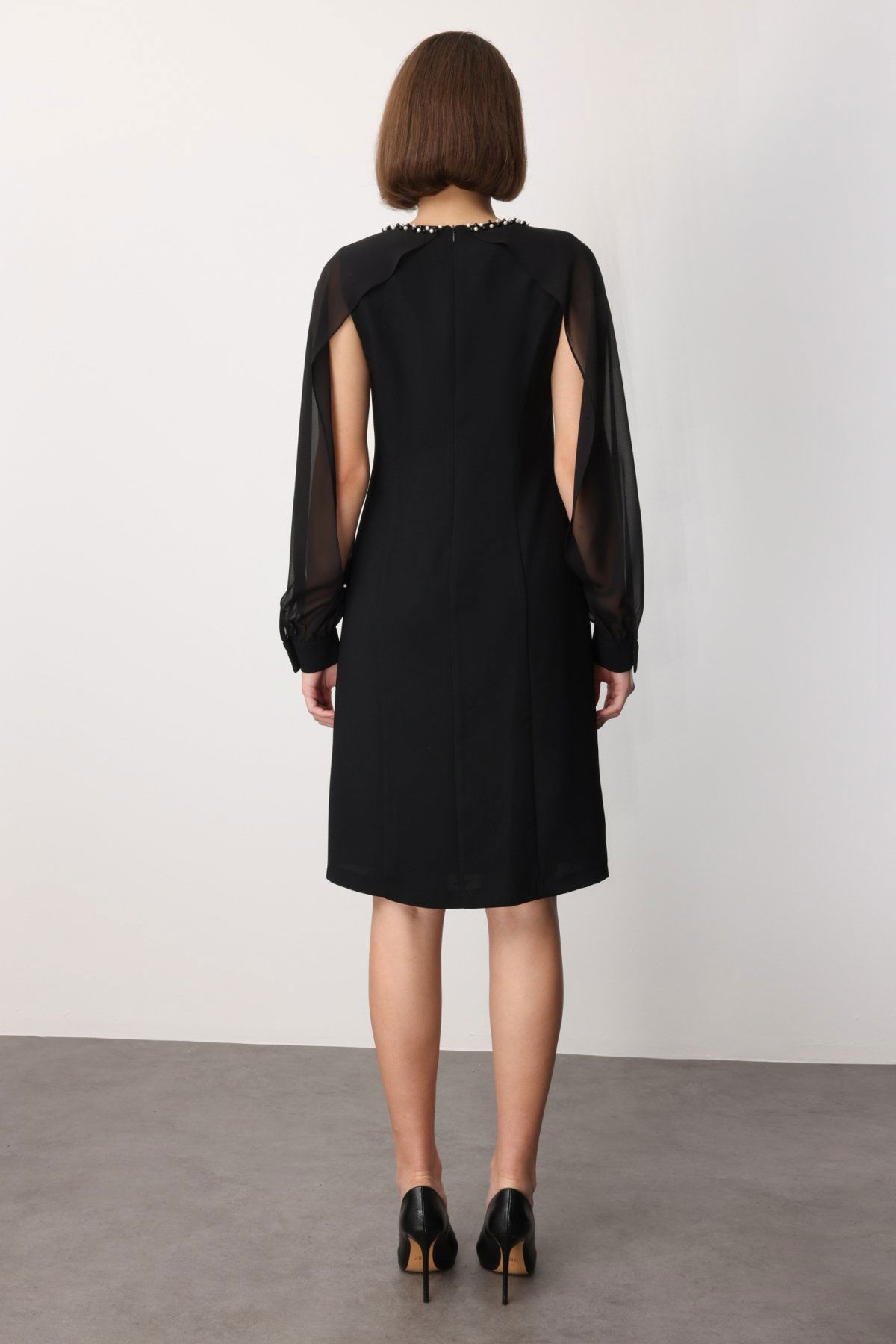 Ekol Kadın Boncuk Detaylı Kolları Tül Midi Elbise 4011 Siyah - 4