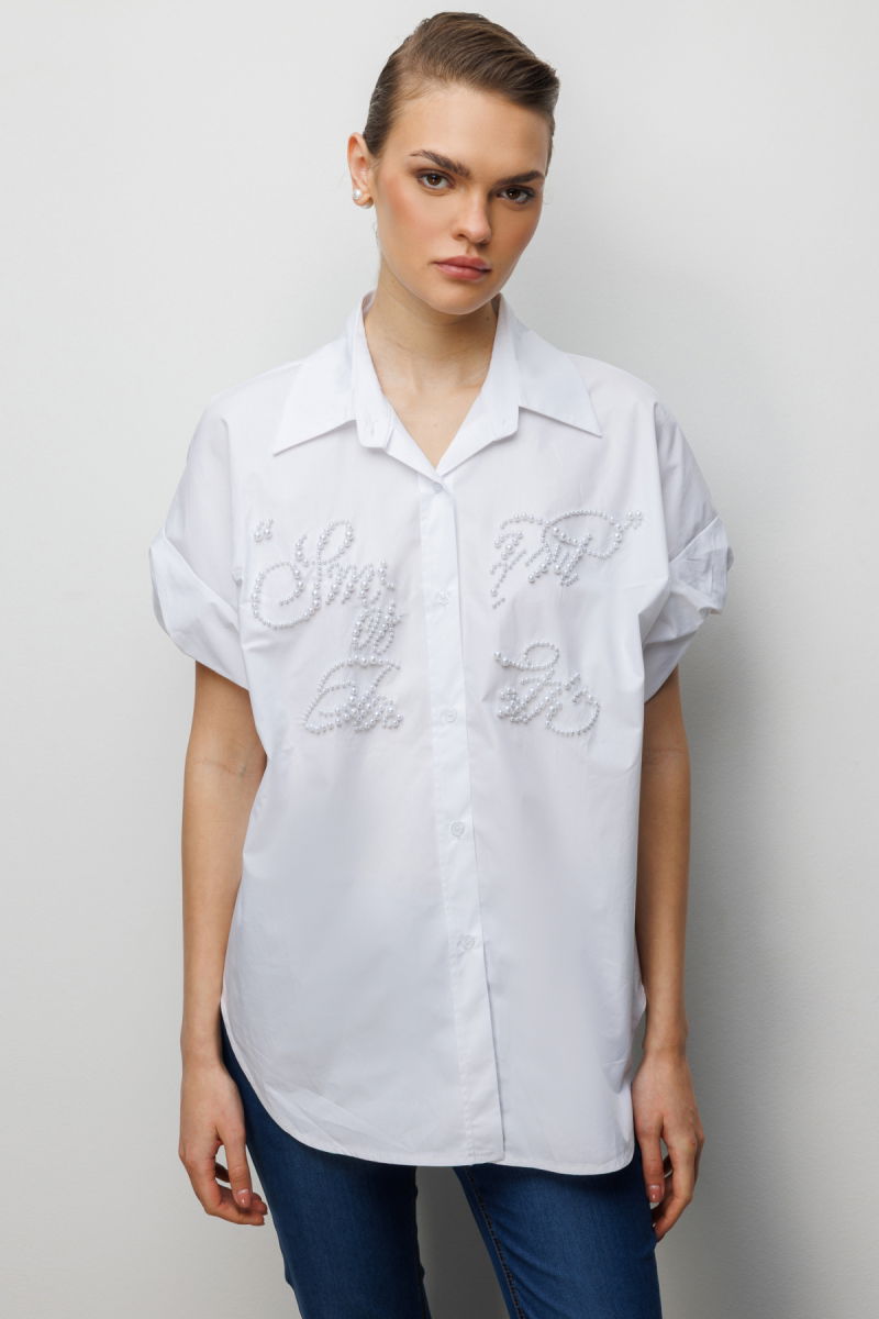 Ekol Kadın Boncuk İşlemeli Balon Kol Pamuk Gömlek 2804 Ekru - Ekol