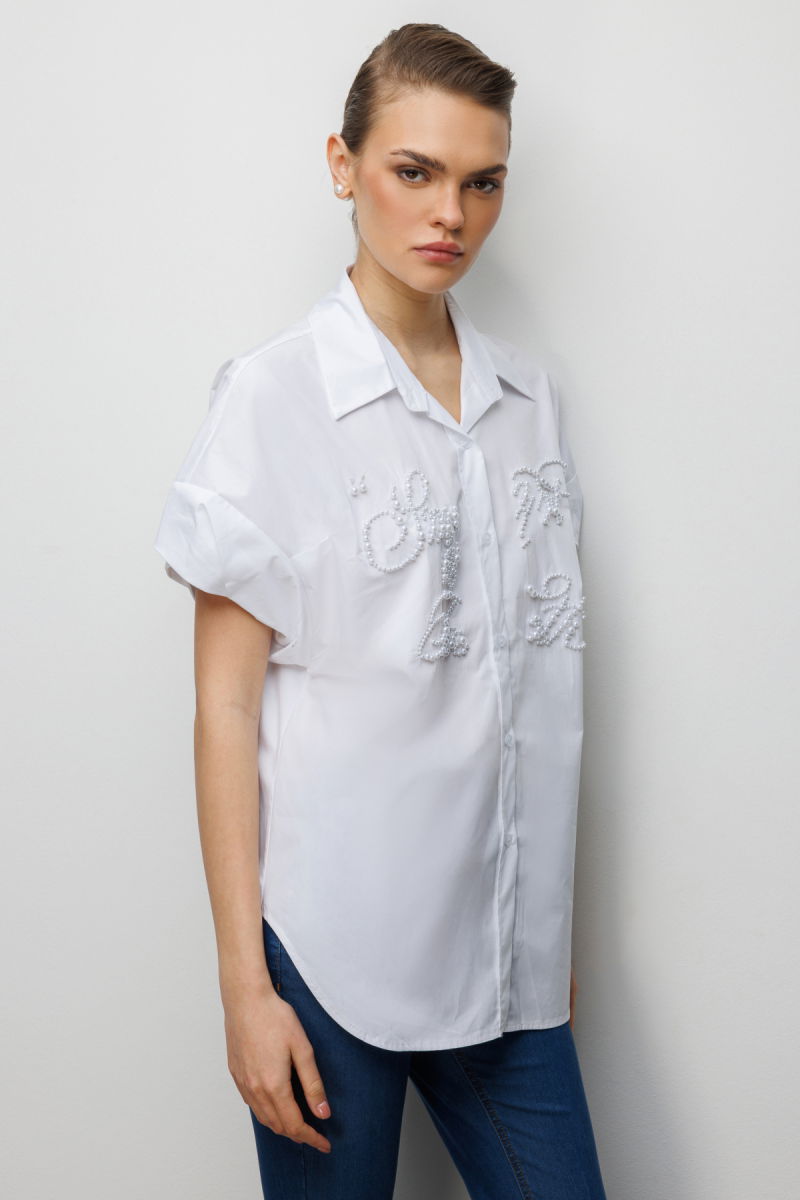 Ekol Kadın Boncuk İşlemeli Balon Kol Pamuk Gömlek 2804 Ekru - 2