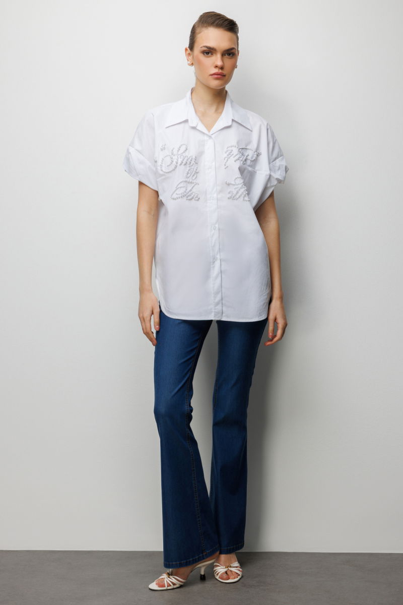 Ekol Kadın Boncuk İşlemeli Balon Kol Pamuk Gömlek 2804 Ekru - 3