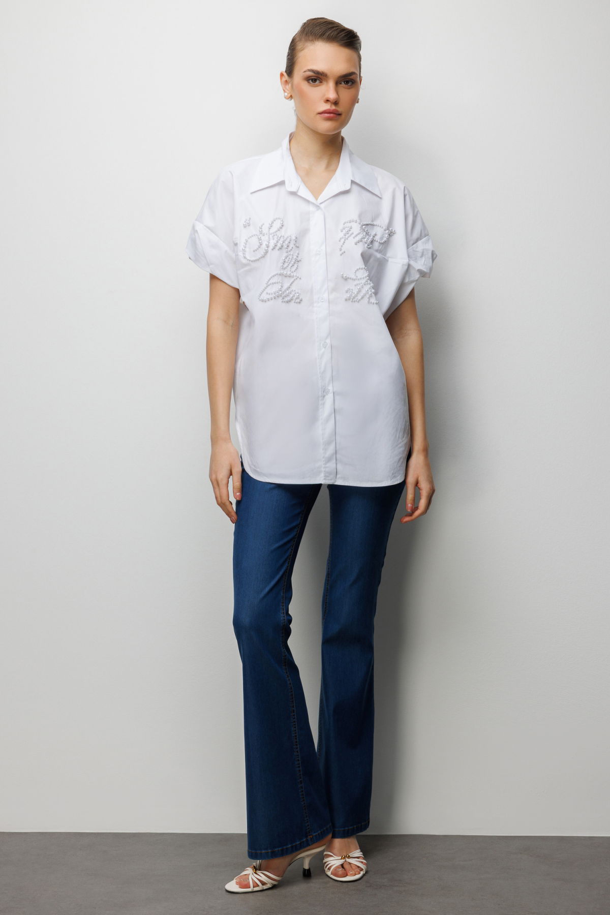 Ekol Kadın Boncuk İşlemeli Balon Kol Pamuk Gömlek 2804 Ekru - 3