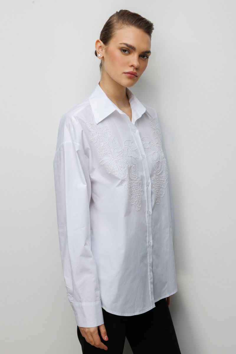 Ekol Kadın Boncuk İşlemeli Pamuk Gömlek 2814 Ekru - 2