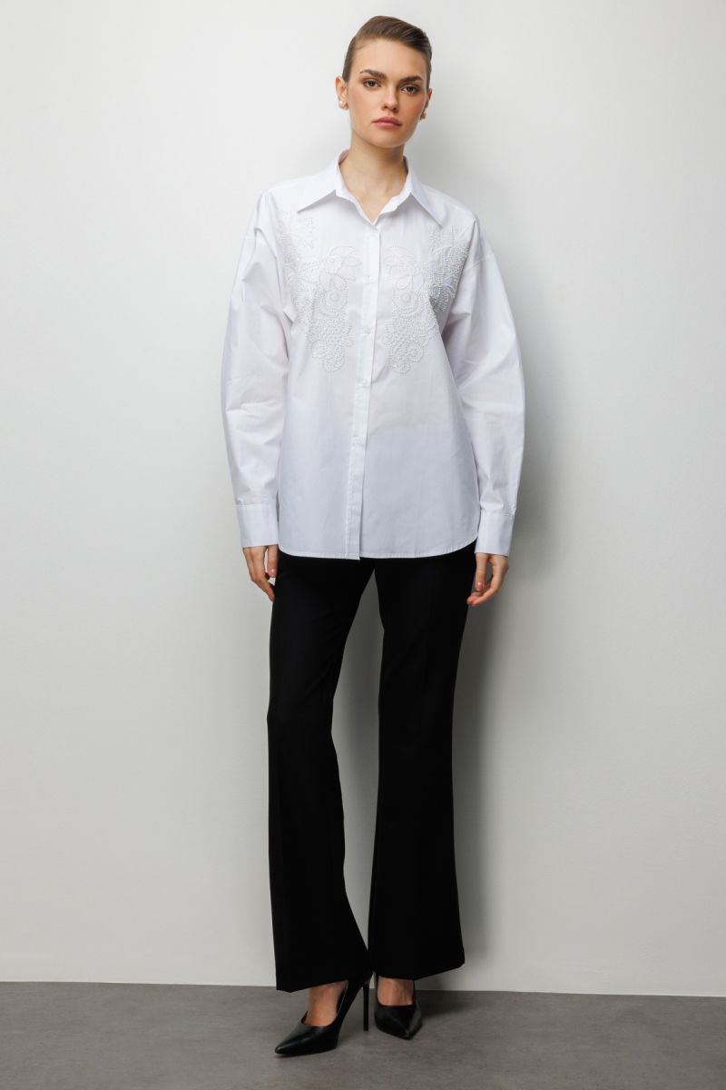 Ekol Kadın Boncuk İşlemeli Pamuk Gömlek 2814 Ekru - 3