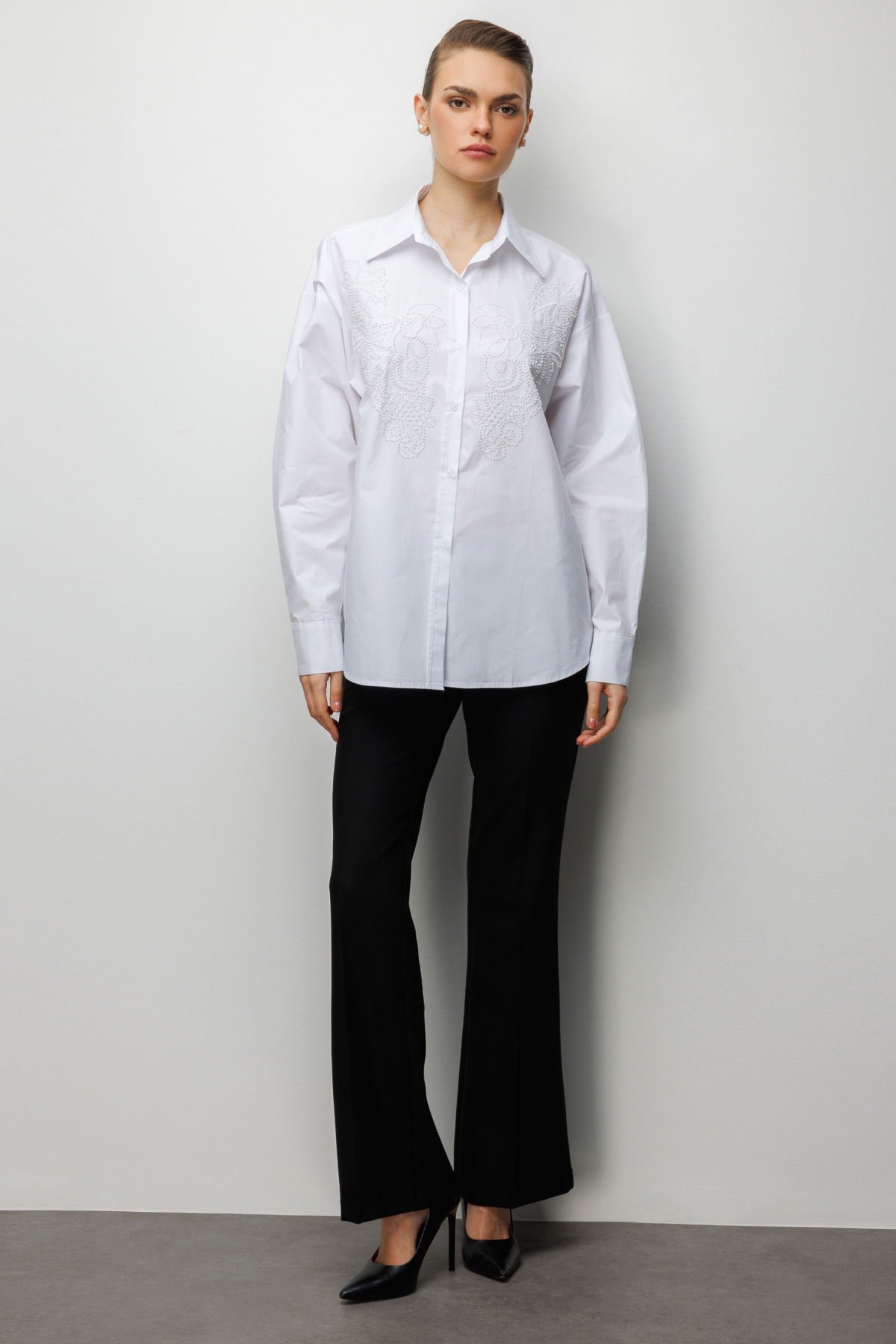 Ekol Kadın Boncuk İşlemeli Pamuk Gömlek 2814 Ekru - 3