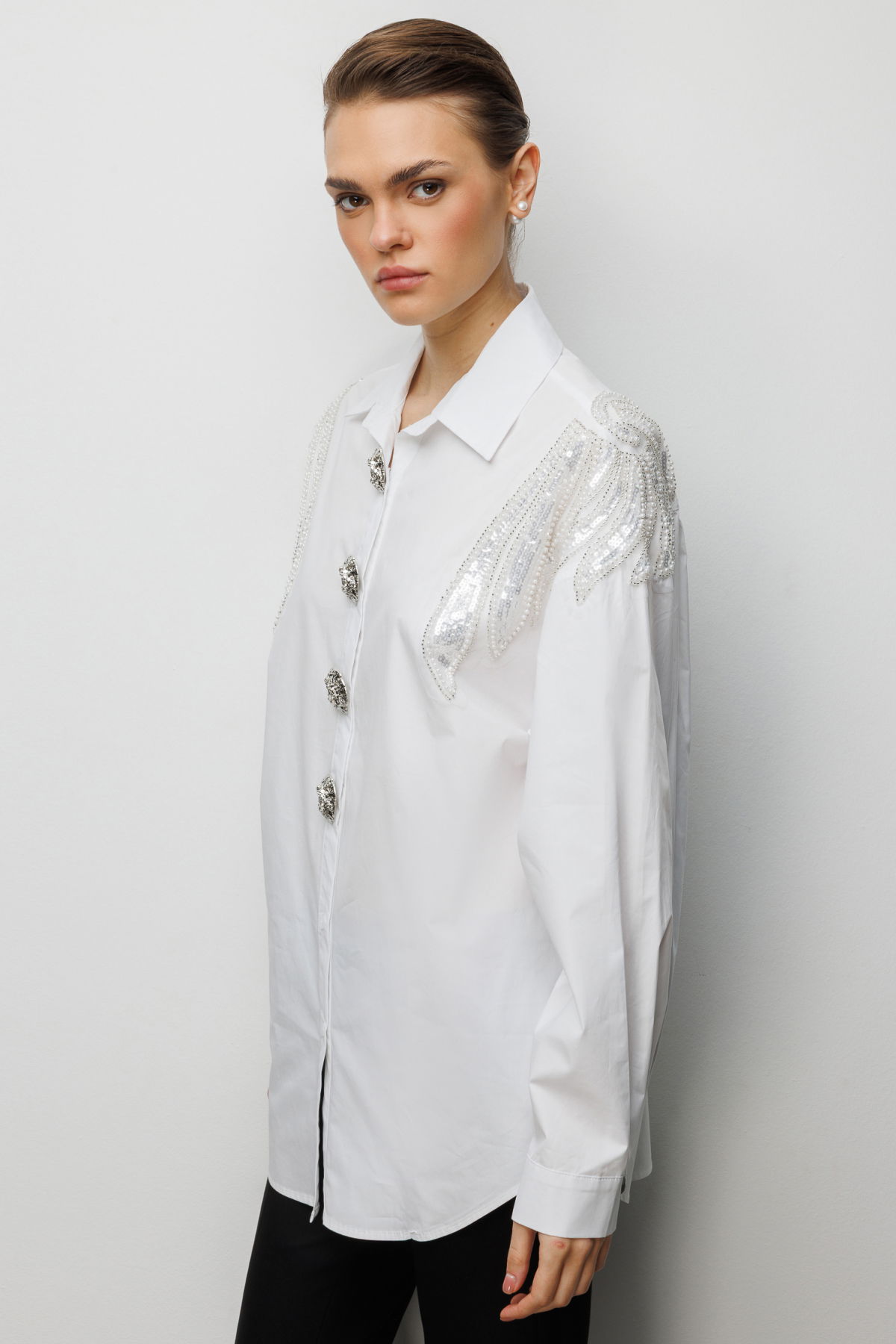 Ekol Kadın Boncuk İşlemeli Süs Metal Düğmeli Gömlek 2824 Ekru - 2