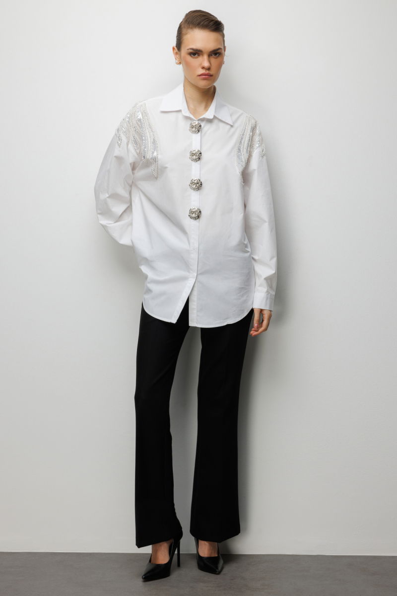 Ekol Kadın Boncuk İşlemeli Süs Metal Düğmeli Gömlek 2824 Ekru - 3