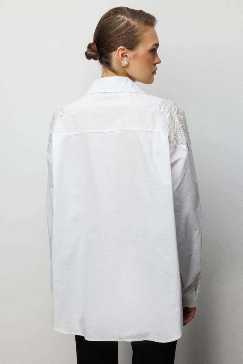 Ekol Kadın Boncuk İşlemeli Süs Metal Düğmeli Gömlek 2824 Ekru - 4