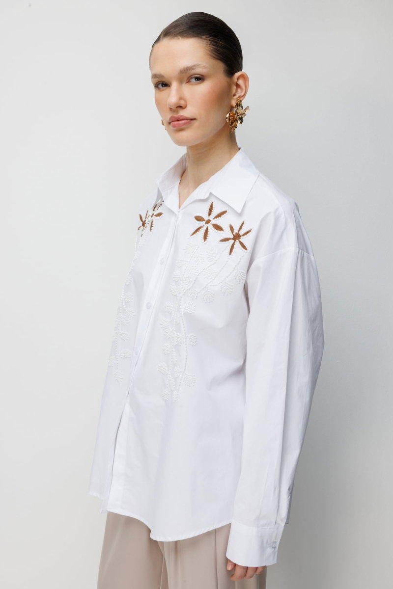 Ekol Kadın Boncuklu Çiçek İşlemeli Pamuk Gömlek 2810 Ekru - 2