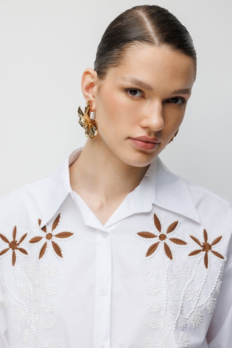 Ekol Kadın Boncuklu Çiçek İşlemeli Pamuk Gömlek 2810 Ekru - 3