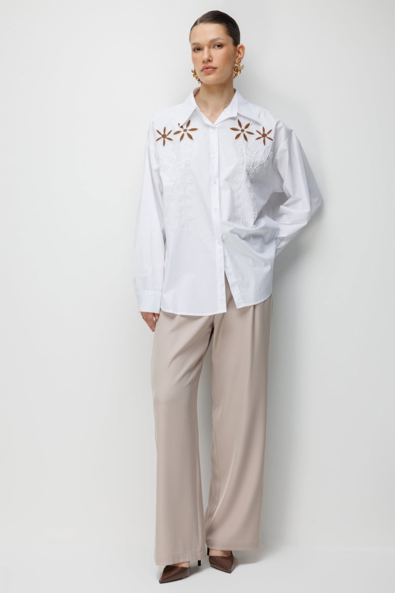 Ekol Kadın Boncuklu Çiçek İşlemeli Pamuk Gömlek 2810 Ekru - 4
