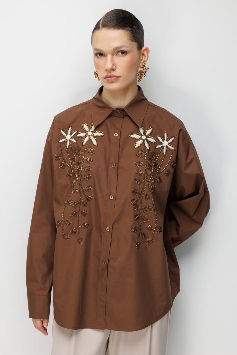 Ekol Kadın Boncuklu Çiçek İşlemeli Pamuk Gömlek 2810 Kakao 