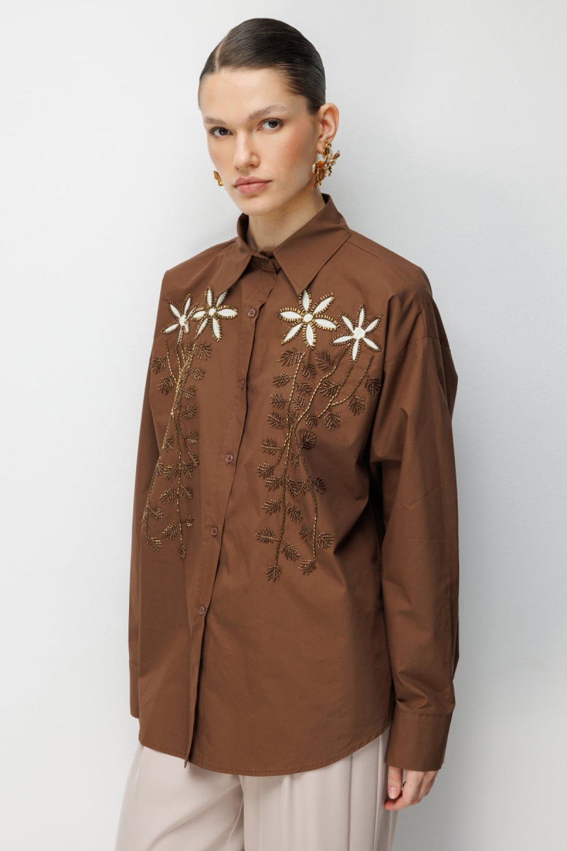 Ekol Kadın Boncuklu Çiçek İşlemeli Pamuk Gömlek 2810 Kakao - 2