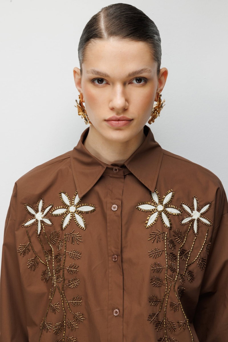 Ekol Kadın Boncuklu Çiçek İşlemeli Pamuk Gömlek 2810 Kakao - 3