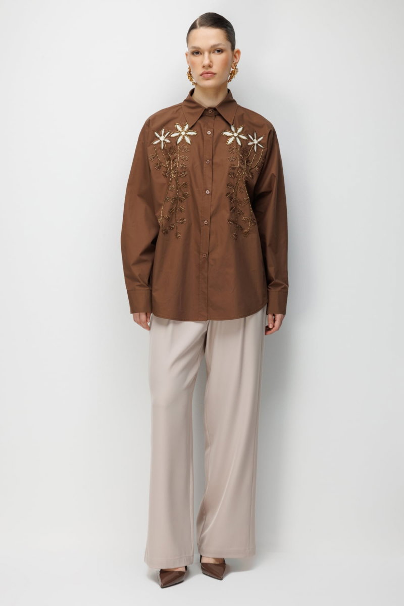 Ekol Kadın Boncuklu Çiçek İşlemeli Pamuk Gömlek 2810 Kakao - 4