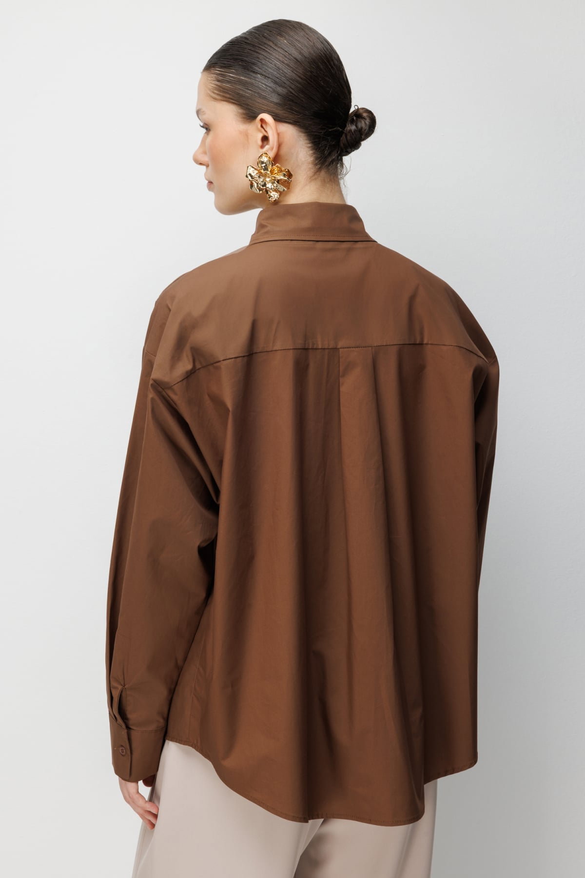 Ekol Kadın Boncuklu Çiçek İşlemeli Pamuk Gömlek 2810 Kakao - 5