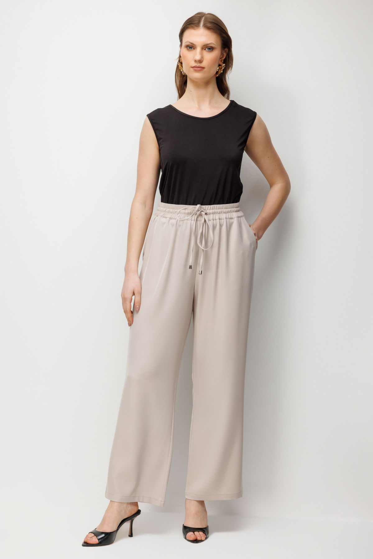 Ekol Kadın Büyük Beden Beli Bağcıklı Bol Paça Pantolon 4126 Kum - 1