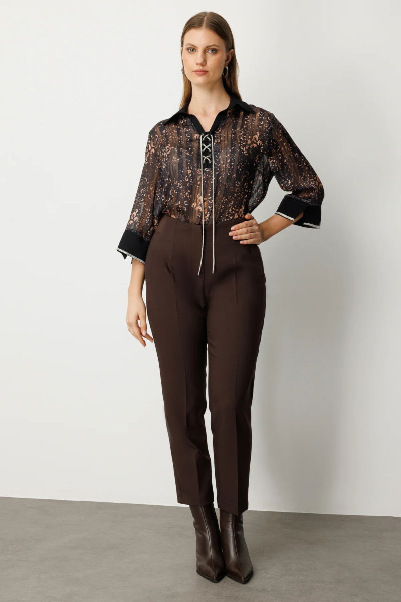 Ekol Kadın Büyük Beden Beli Kalın Lastikli Boru Paça Pantolon 1111 Kahverengi - 2