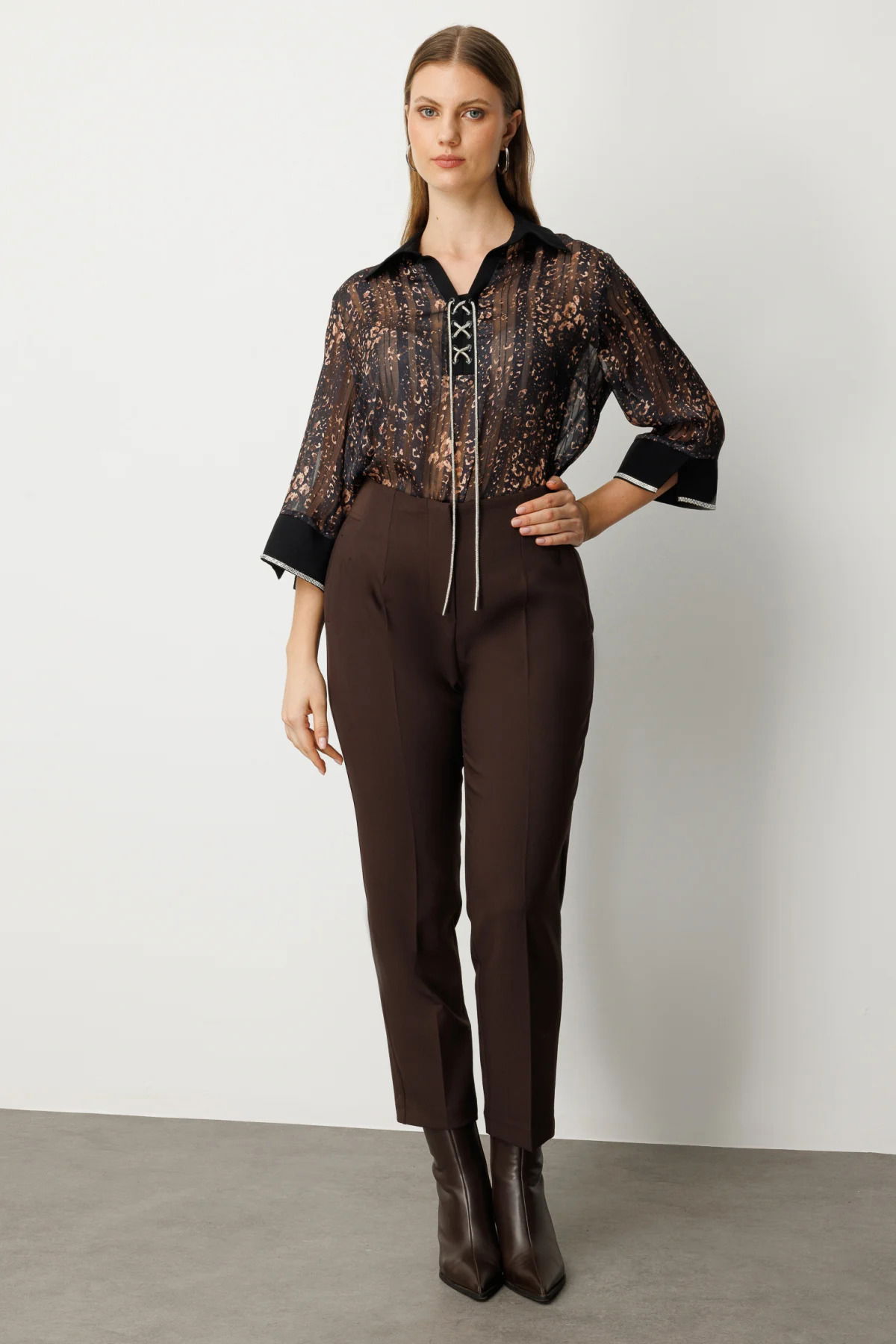 Ekol Kadın Büyük Beden Beli Kalın Lastikli Boru Paça Pantolon 1111 Kahverengi - 2