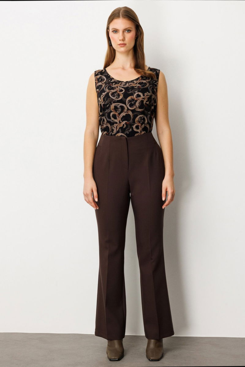 Ekol Kadın Büyük Beden Beli Kalın Lastikli İspanyol Paça Pantolon 1107 Kahverengi - Ekol