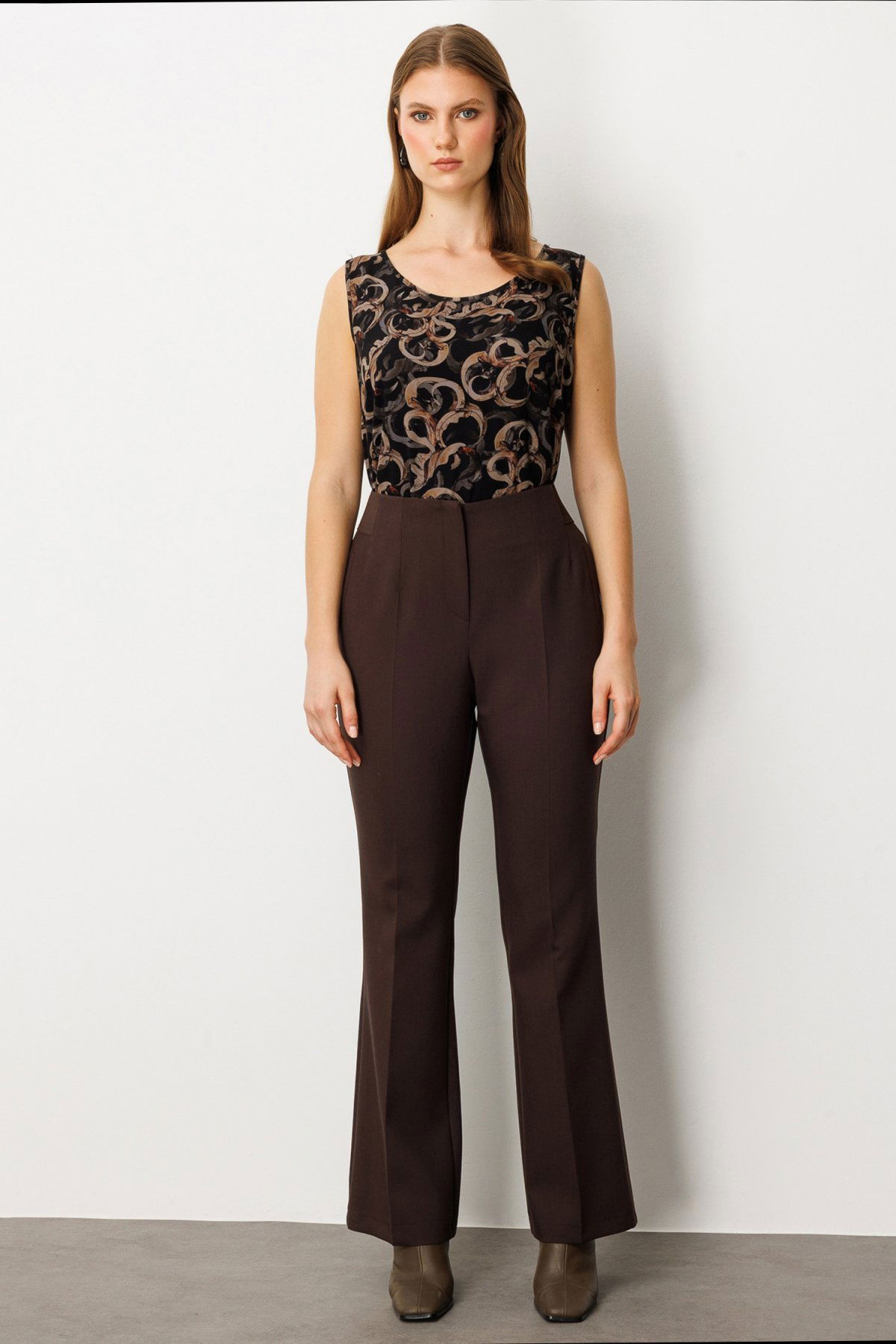 Ekol Kadın Büyük Beden Beli Kalın Lastikli İspanyol Paça Pantolon 1107 Kahverengi - 1