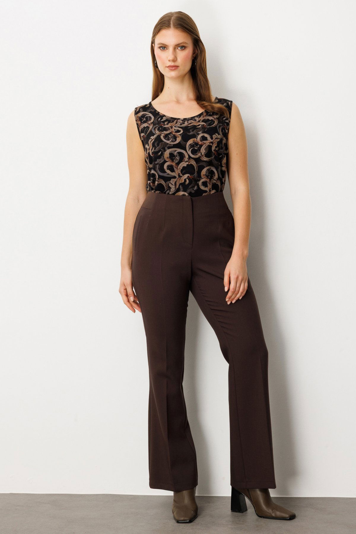 Ekol Kadın Büyük Beden Beli Kalın Lastikli İspanyol Paça Pantolon 1107 Kahverengi - 2