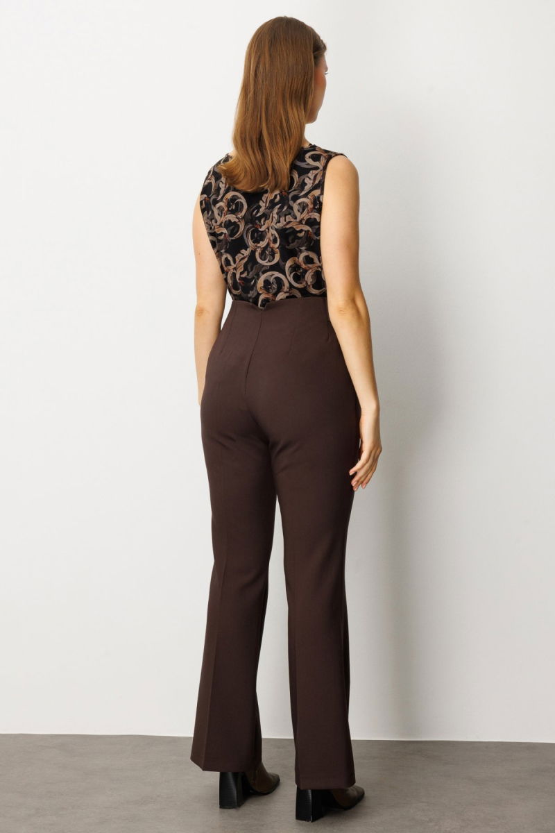 Ekol Kadın Büyük Beden Beli Kalın Lastikli İspanyol Paça Pantolon 1107 Kahverengi - 4