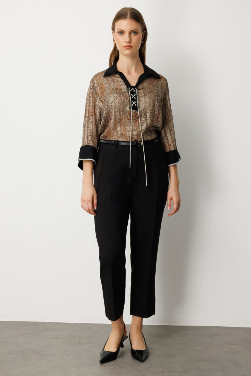 Ekol Kadın Büyük Beden Beli Kemerli Bol Paça Pantolon 1005 Siyah - Ekol