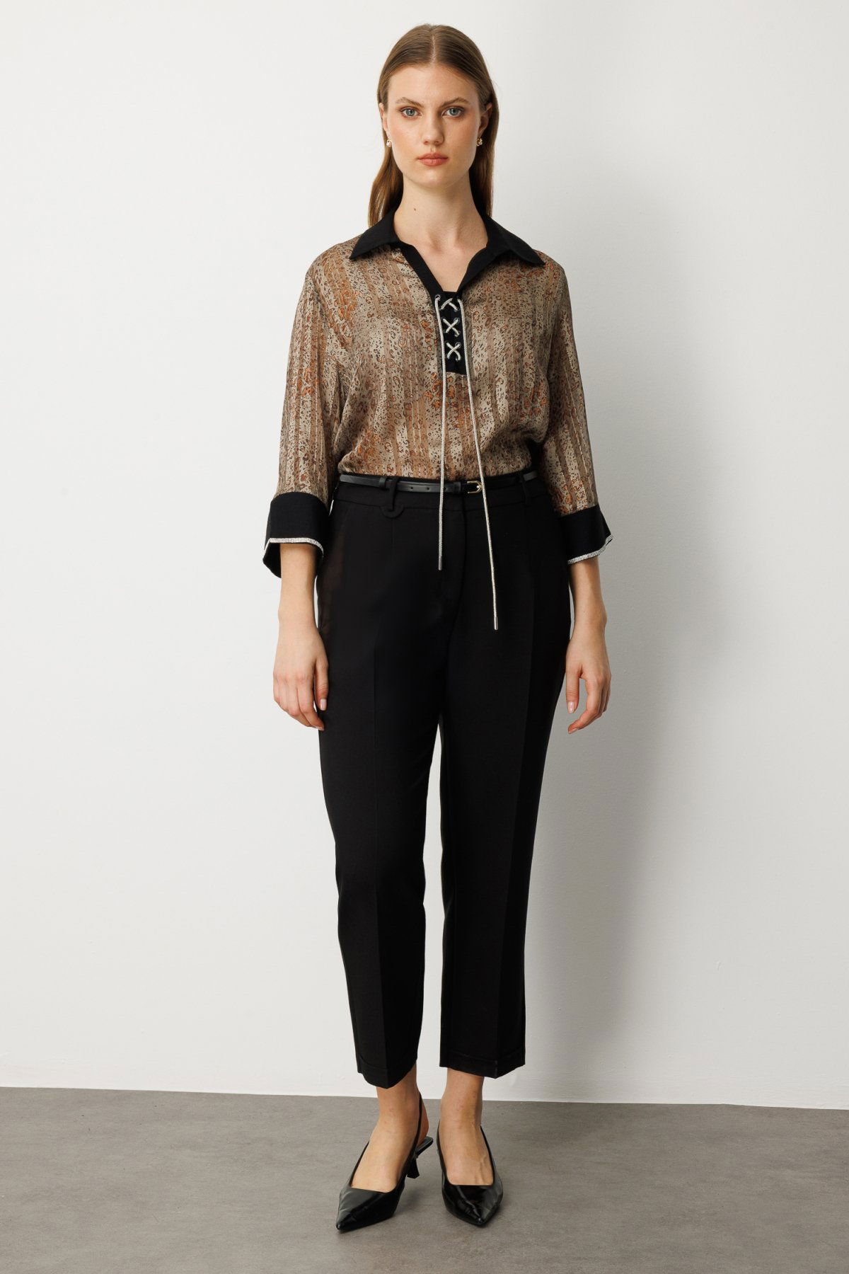 Ekol Kadın Büyük Beden Beli Kemerli Bol Paça Pantolon 1005 Siyah - 1