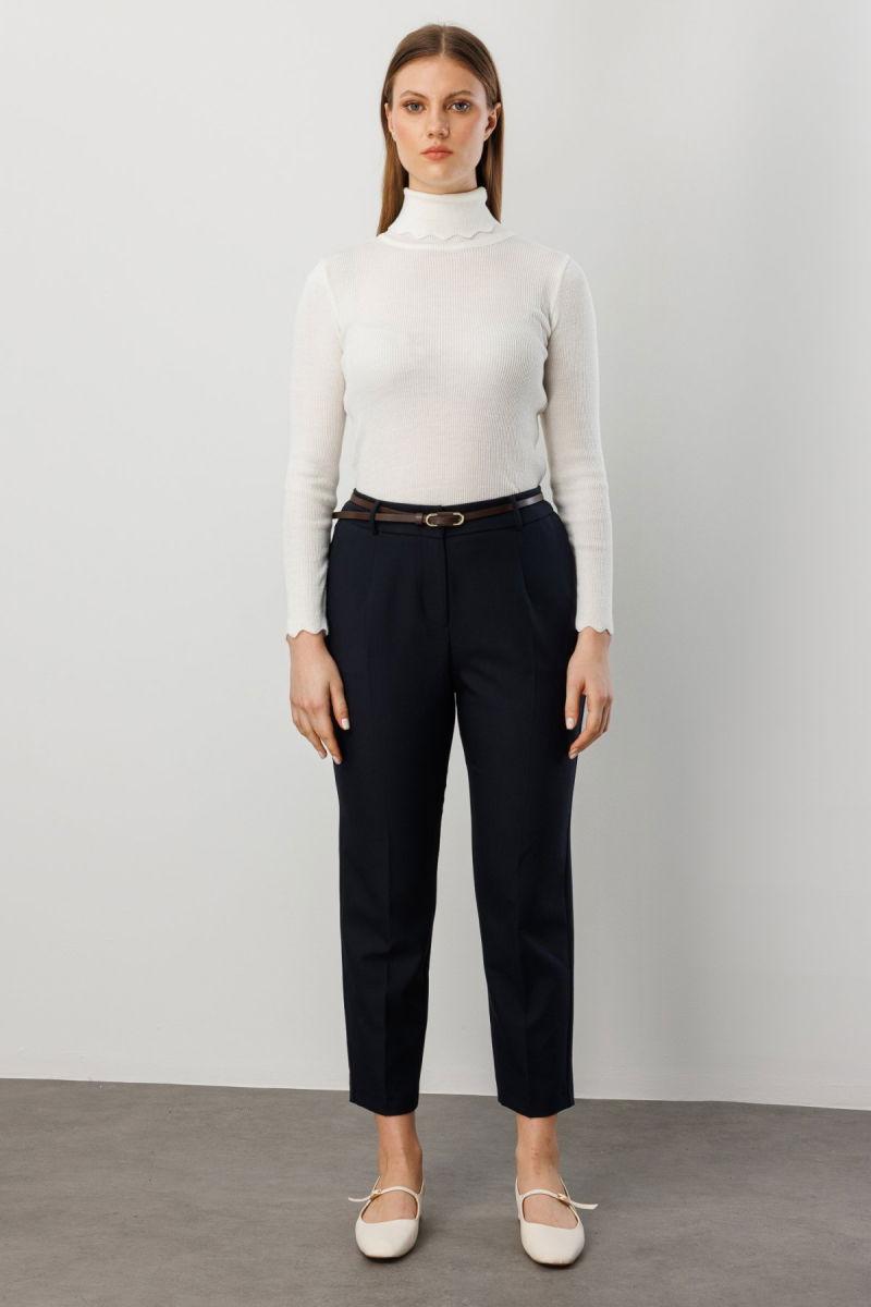 Ekol Kadın Büyük Beden Beli Kemerli Dar Paça Pantolon 1015 Lacivert - 2